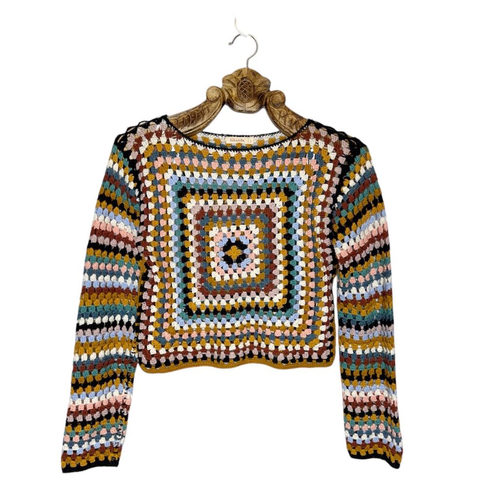 Ghanda Sweater Crochet Knit Granny Square Multicolor Boatneck Crop Small